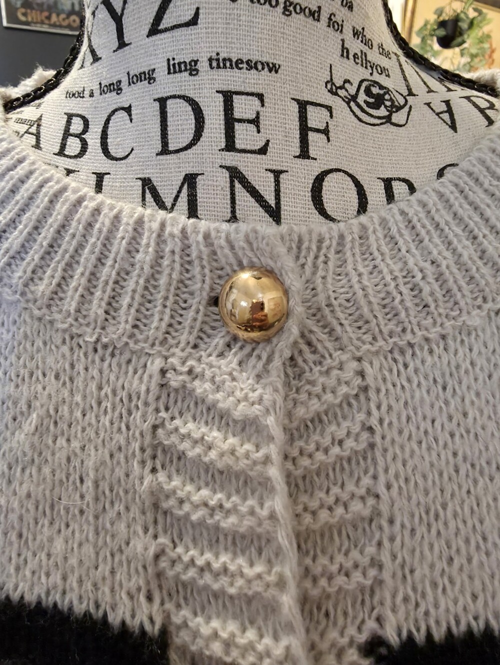 Gold-Button Striped Crewneck Cardigan - Light Gray & Black - Picture 6 of 12